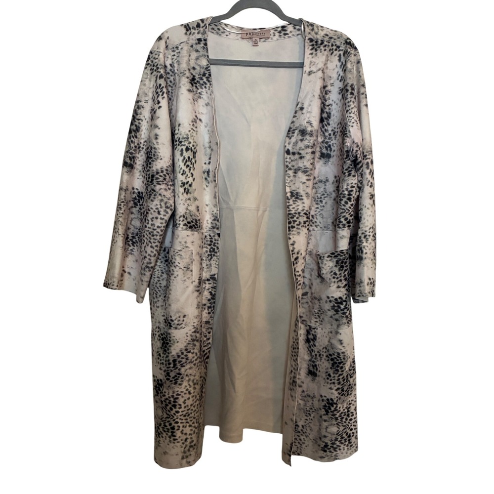 Philosophy Faux Leather Duster Jacket Women Size XL White Leopard Print Mobwife